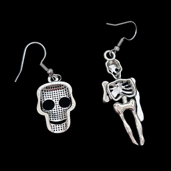 Goth themed Hand Crafted Earrings Skeleton & Skull Pendant Stainless Steel Wires - Picture 6 of 9